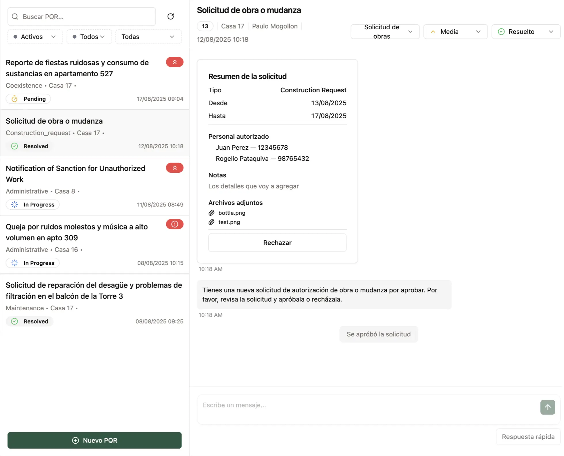 Pantalla de Acaunti mostrando Automatización PQR